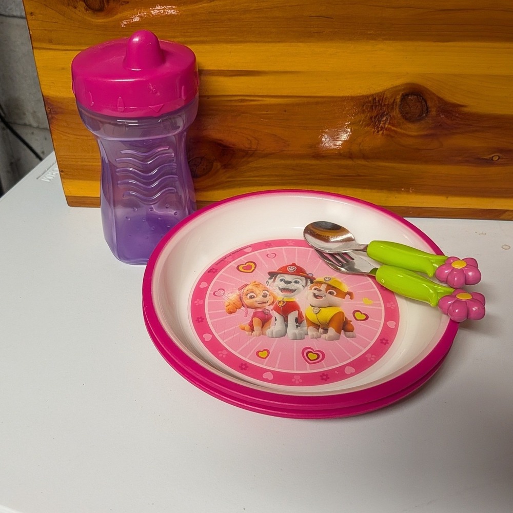 Paw Patrol Kids Feeding Set‎ Skye Marshall 2 Plates Sippy Cup Flower Cutlery Lot